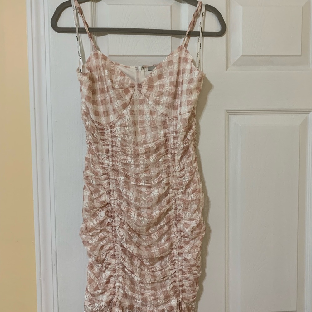 Papaya Pink and White Ruched Gingham Mini Dress